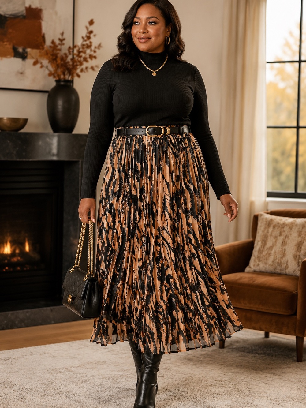 Pleated Animal-Print Maxi Skirt in Tan and Black